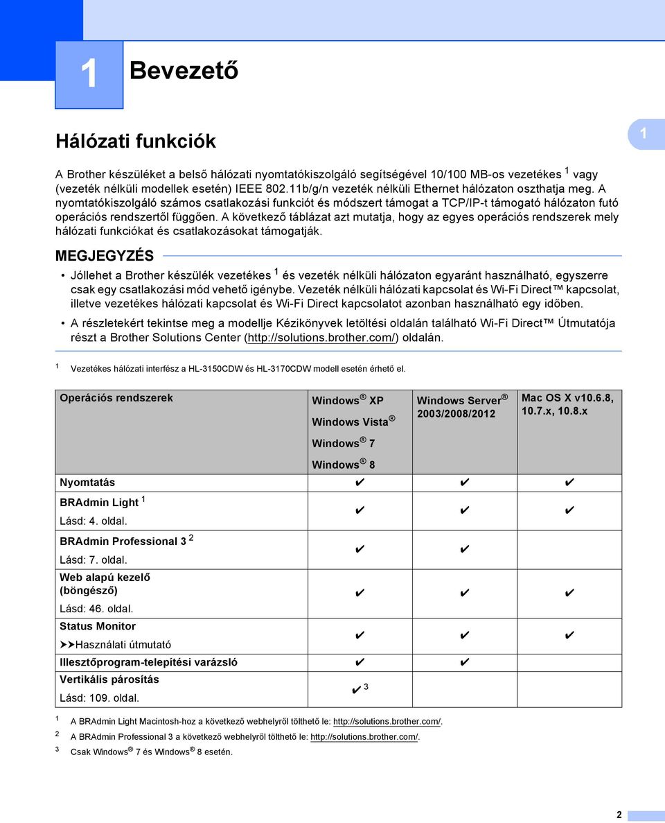 A következő táblázat azt mutatja, hogy az egyes operációs rendszerek mely hálózati funkciókat és csatlakozásokat támogatják.