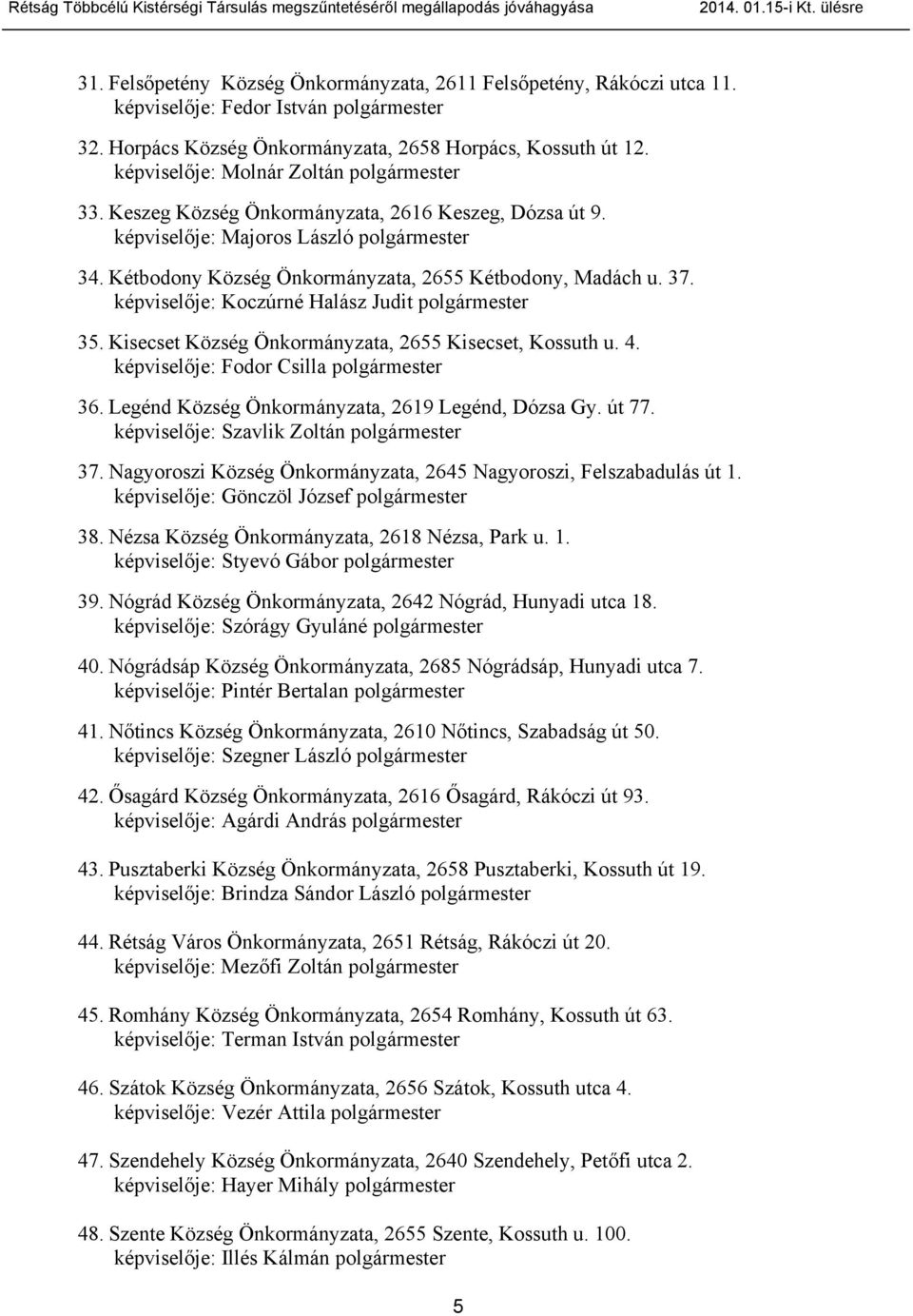 37. képviselője: Koczúrné Halász Judit polgármester 35. Kisecset Község Önkormányzata, 2655 Kisecset, Kossuth u. 4. képviselője: Fodor Csilla polgármester 36.