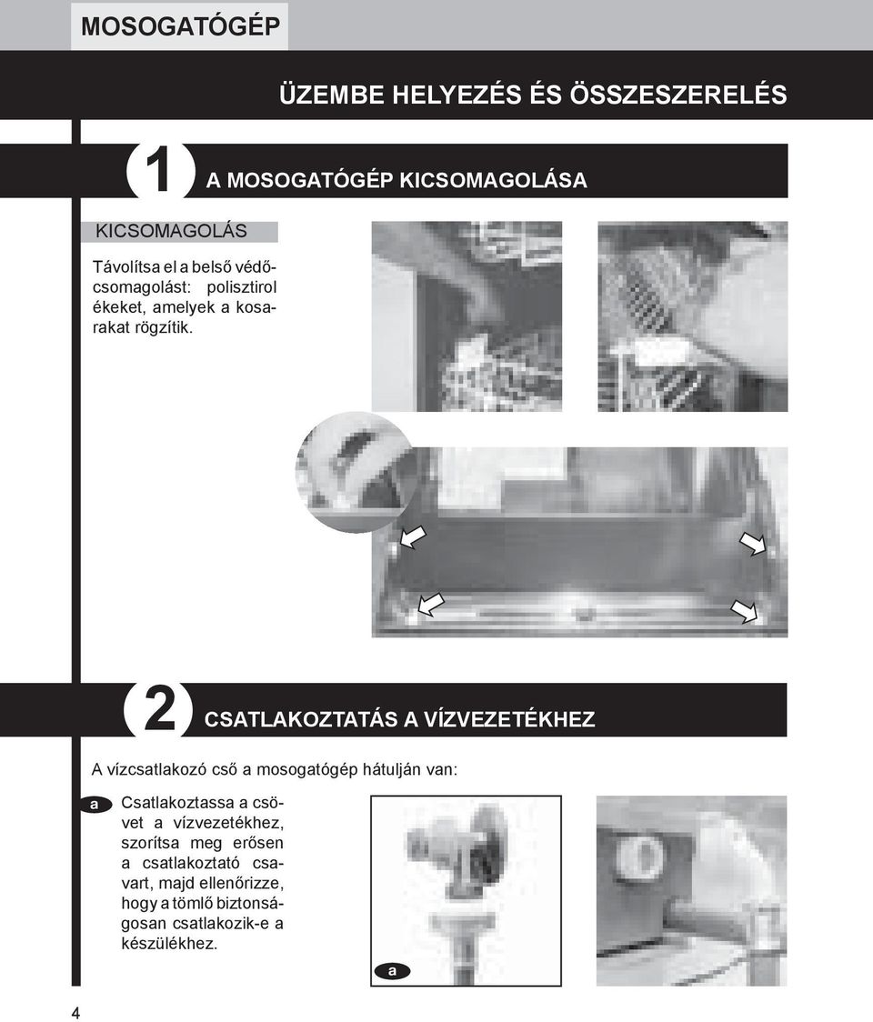 ÜZEMBE HELYEZÉS ÉS ÖSSZESZERELÉS A MOSOGATÓGÉP KICSOMAGOLÁSA 4 2 CSATLAKOZTATÁS A