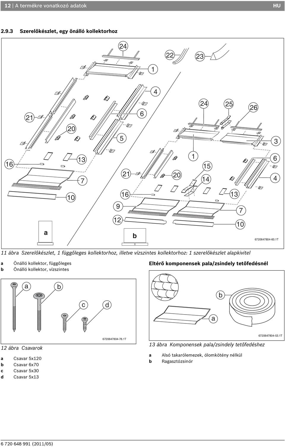 függőleges Önálló kollektor, vízszintes Eltérő komponensek pala/zsindely tetőfedésnél a b b c d a ábra Csavarok a Csavar 5x0 b Csavar 6x70