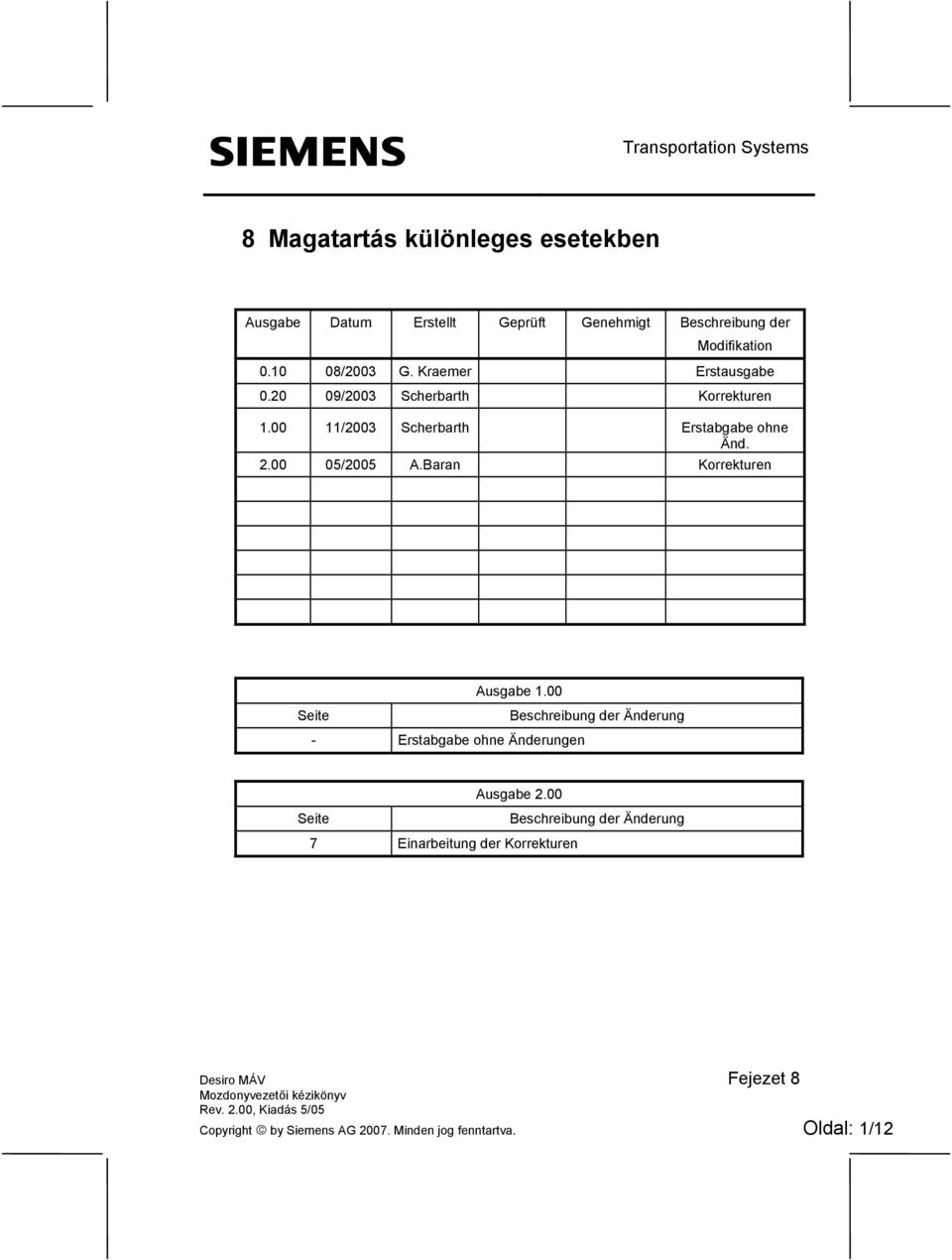 Baran Korrekturen Ausgabe 1.00 Seite Beschreibung der Änderung - Erstabgabe ohne Änderungen Ausgabe 2.