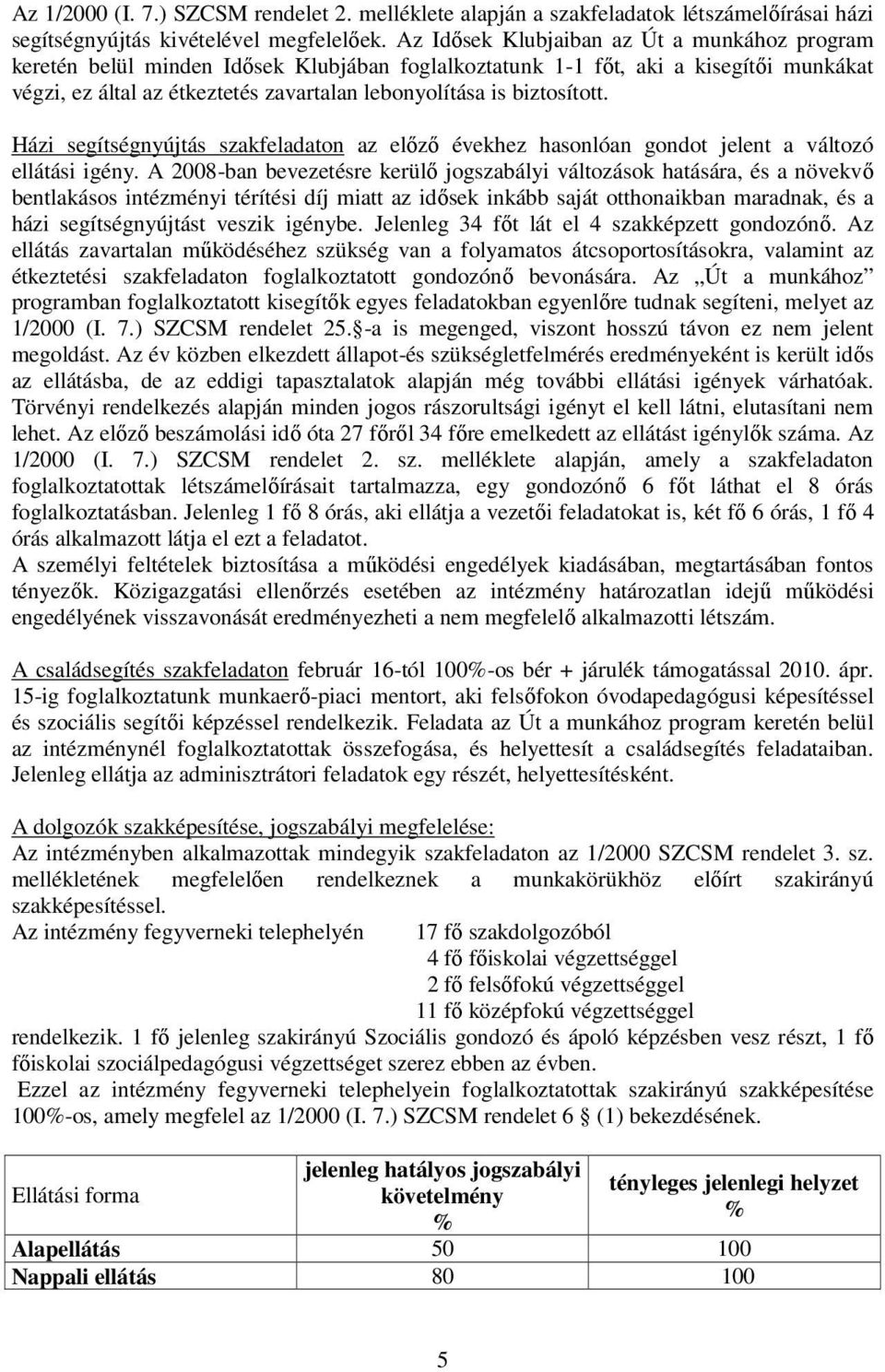 biztosított. Házi segítségnyújtás szakfeladaton az előző évekhez hasonlóan gondot jelent a változó ellátási igény.