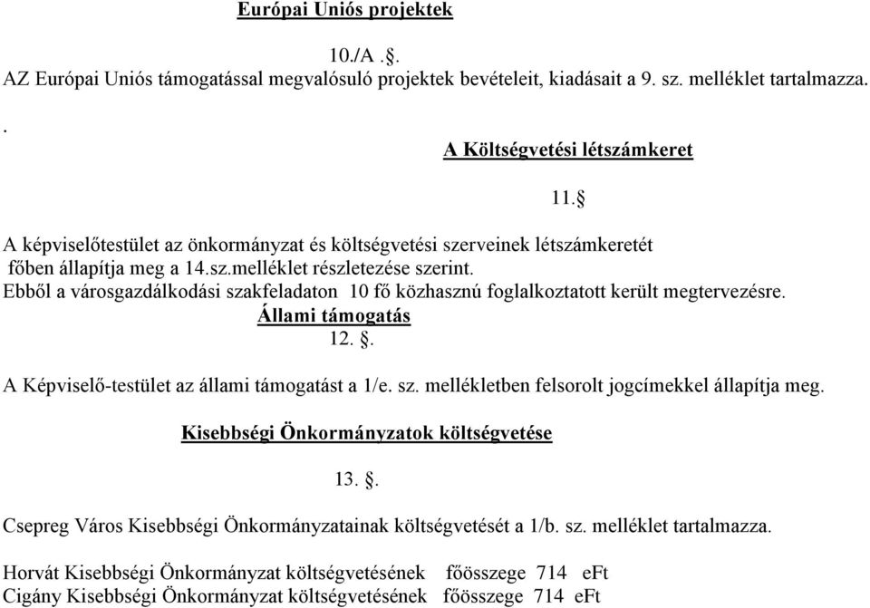 Ebből a városgazdálkodási szakfeladaton 10 fő közhasznú foglalkoztatott került megtervezésre. Állami támogatás 12.. A Képviselő-testület az állami támogatást a 1/e. sz. mellékletben felsorolt jogcímekkel állapítja meg.