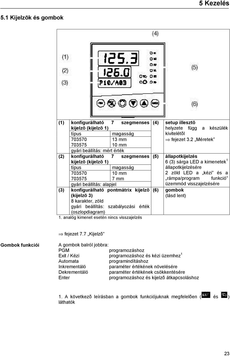 magasság 703570 10 mm 703575 7 mm gyári beállítás: alapjel (3) konfigurálható pontmátrix kijelzõ (kijelzõ 3) 8 karakter, zöld gyári beállítás: szabályozási érték (oszlopdiagram) 1.