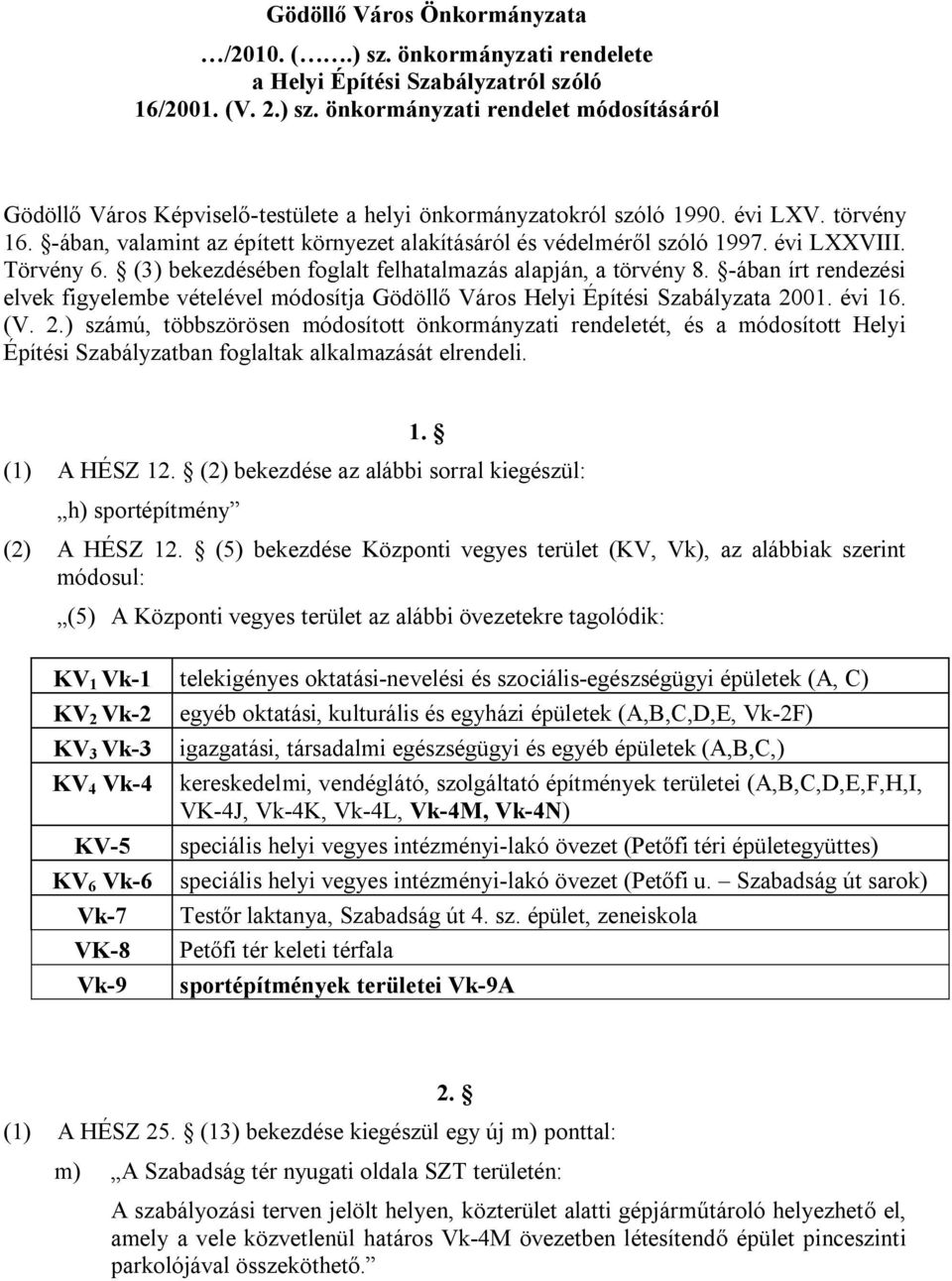 -ában írt rendezési elvek figyelembe vételével módosítja Gödöllő Város Helyi Építési Szabályzata 20