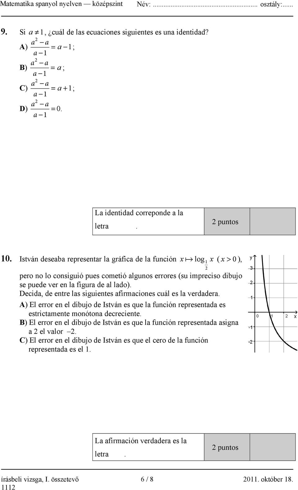 Decida, de entre las siguientes afirmaciones cuál es la verdadera. A) El error en el dibujo de István es que la función representada es estrictamente monótona decreciente.