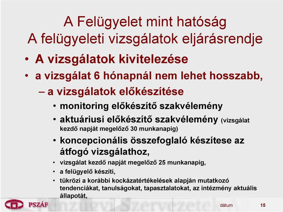 munkanapig) koncepcionális összefoglaló készítese az átfogó vizsgálathoz, vizsgálat kezdő napját megelőző 25 munkanapig, a felügyelő