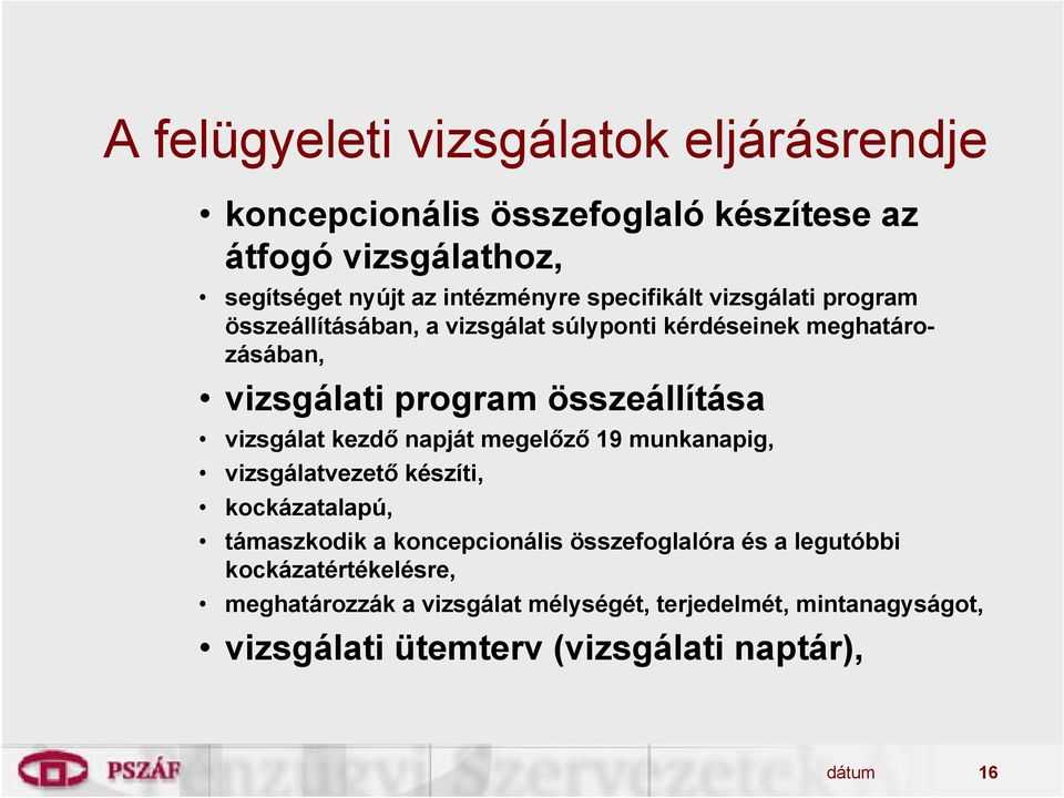 vizsgálat kezdő napját megelőző 19 munkanapig, vizsgálatvezető készíti, kockázatalapú, támaszkodik a koncepcionális összefoglalóra és a