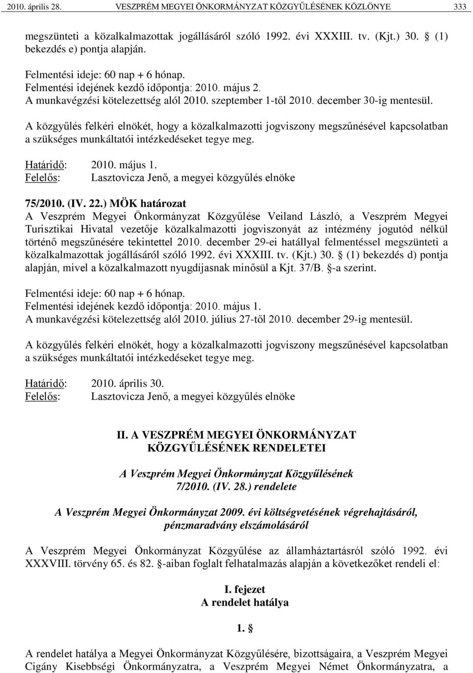 A közgyűlés felkéri elnökét, hogy a közalkalmazotti jogviszony megszűnésével kapcsolatban a szükséges munkáltatói intézkedéseket tegye meg. 2010. május 1.