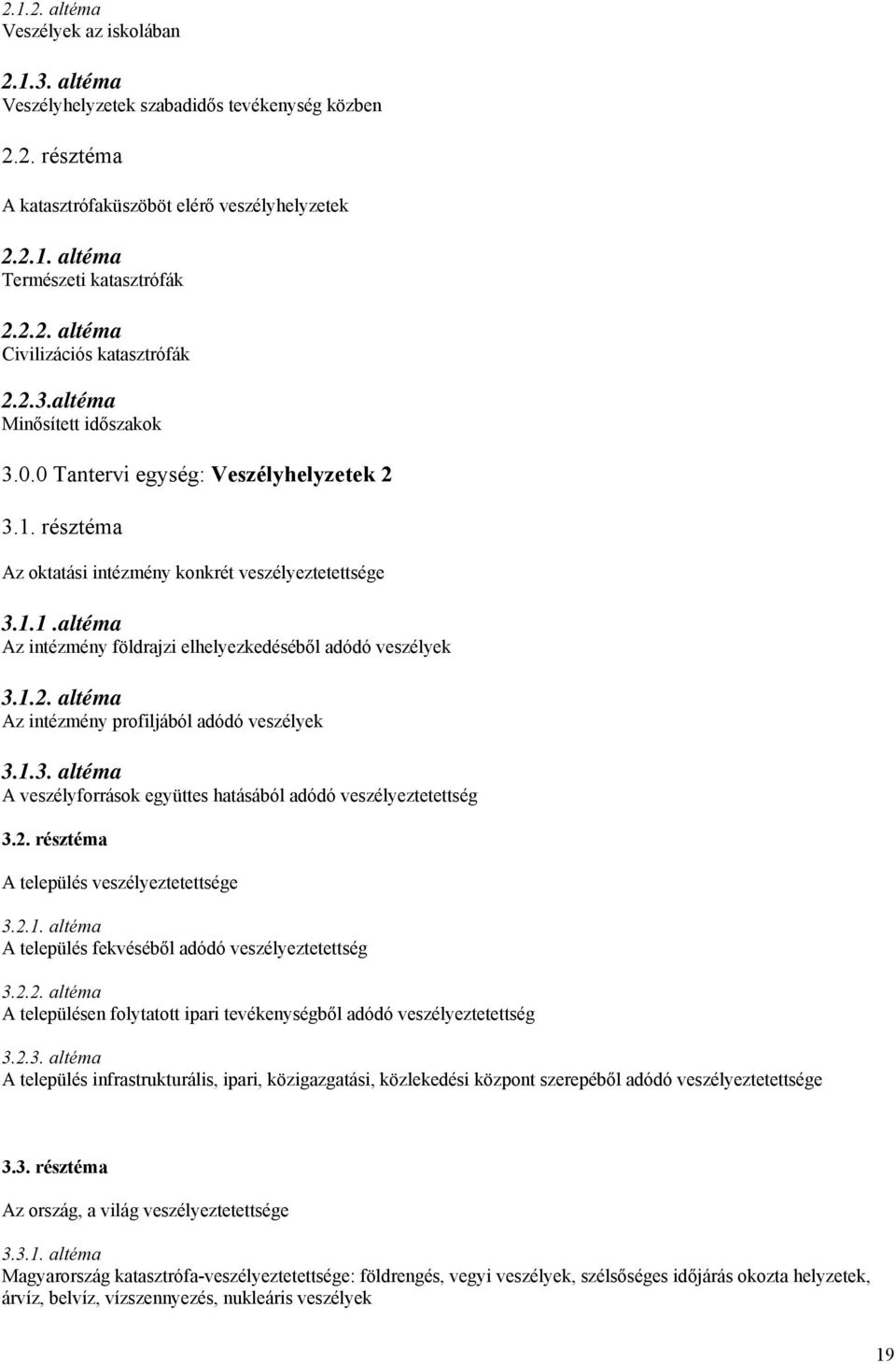 1.2. altéma Az intézmény profiljából adódó veszélyek 3.1.3. altéma A veszélyforrások együttes hatásából adódó veszélyeztetettség 3.2. résztéma A település veszélyeztetettsége 3.2.1. altéma A település fekvéséből adódó veszélyeztetettség 3.