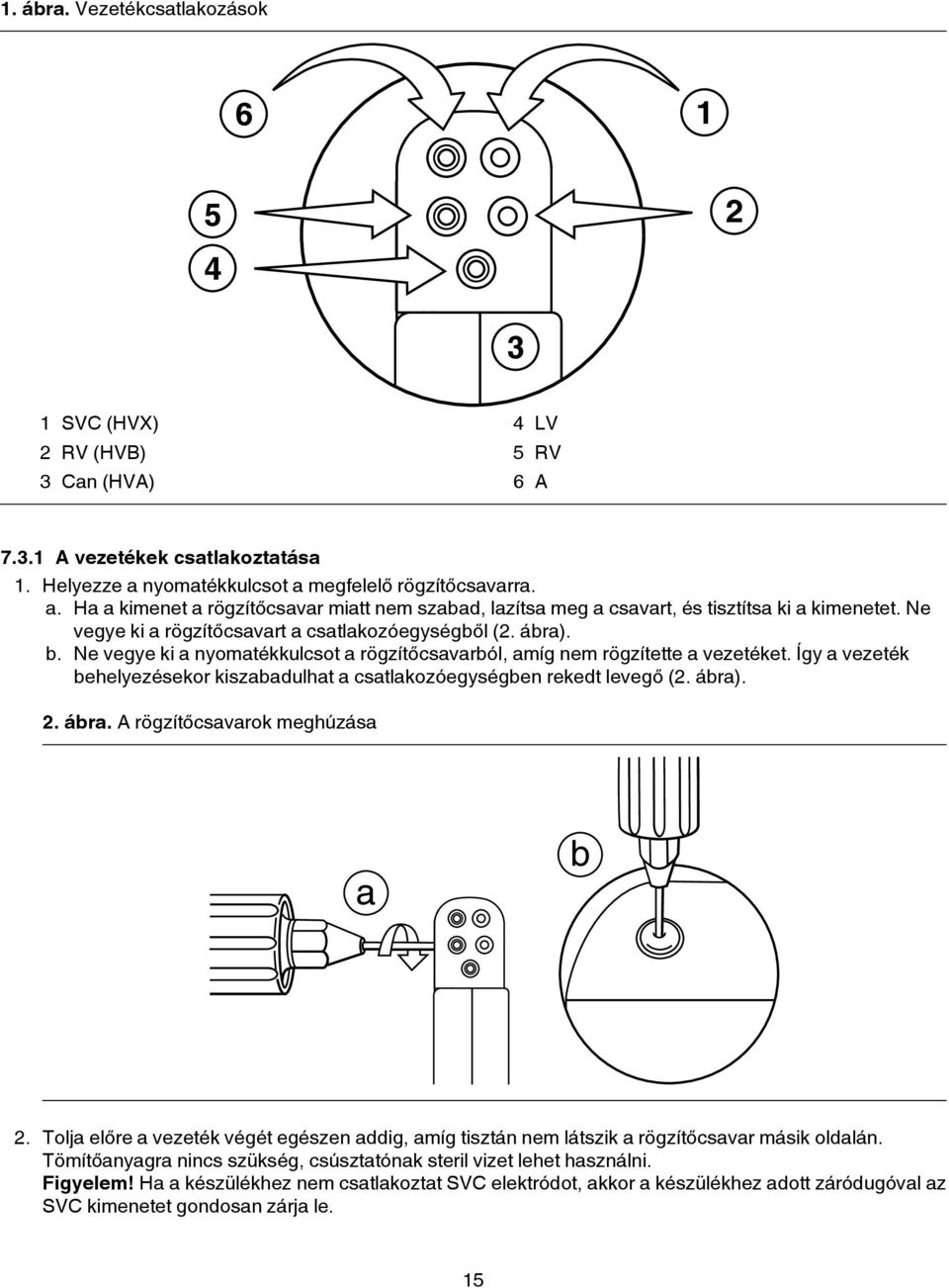 Ne vegye ki a rögzítőcsavart a csatlakozóegységből (2. ábra). b. Ne vegye ki a nyomatékkulcsot a rögzítőcsavarból, amíg nem rögzítette a vezetéket.