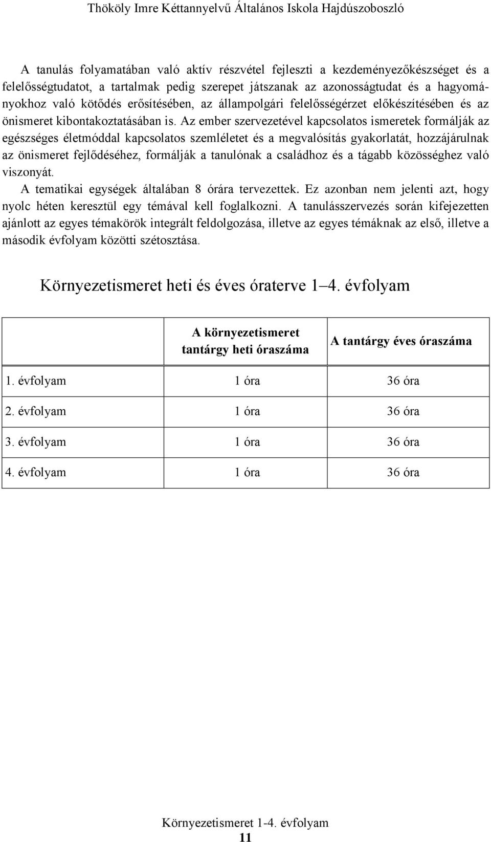 Az ember szervezetével kapcsolatos ismeretek formálják az egészséges életmóddal kapcsolatos szemléletet és a megvalósítás gyakorlatát, hozzájárulnak az önismeret fejlődéséhez, formálják a tanulónak a