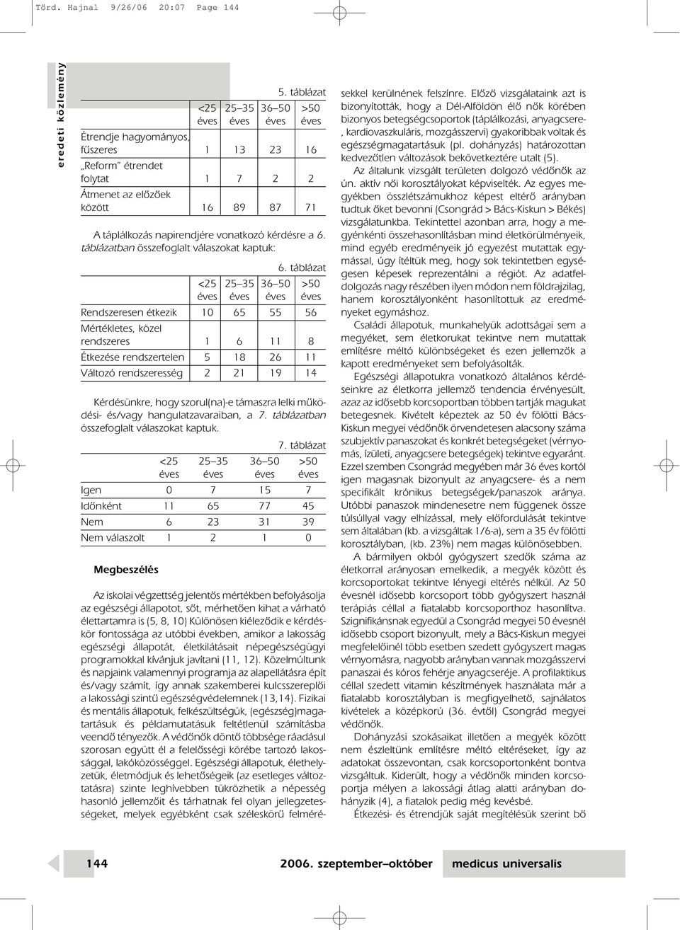 táblázat < 3 3 > Rendszeresen étkezik 1 Mértékletes, közel rendszeres 1 11 Étkezése rendszertelen 1 11 Változó rendszeresség 1 19 1 Kérdésünkre, hogy szorul(na)-e támaszra lelki mûködési- és/vagy