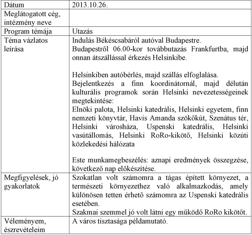 Bejelentkezés a finn koordinátornál, majd délután kulturális programok során Helsinki nevezetességeinek megtekintése: Elnöki palota, Helsinki katedrális, Helsinki egyetem, finn nemzeti könyvtár,