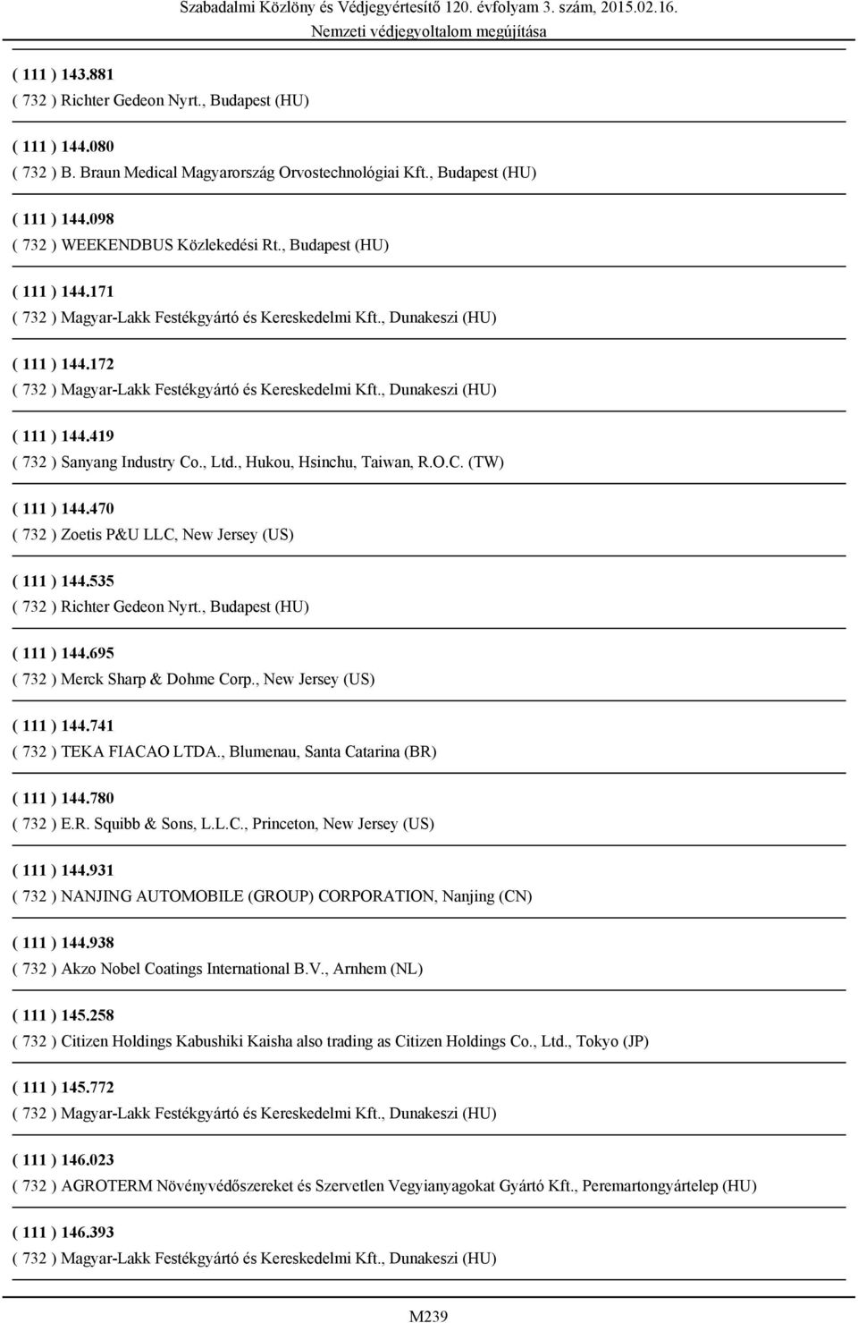 695 ( 732 ) Merck Sharp & Dohme Corp., New Jersey (US) ( 111 ) 144.741 ( 732 ) TEKA FIACAO LTDA., Blumenau, Santa Catarina (BR) ( 111 ) 144.780 ( 732 ) E.R. Squibb & Sons, L.L.C., Princeton, New Jersey (US) ( 111 ) 144.