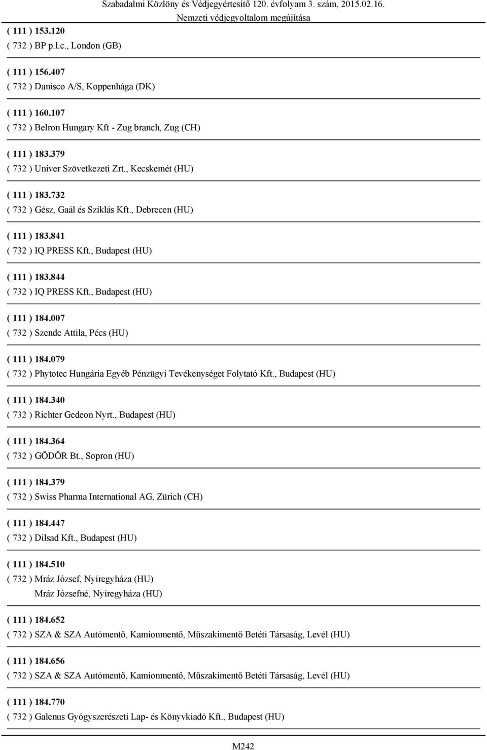 844 ( 732 ) IQ PRESS Kft., Budapest (HU) ( 111 ) 184.007 ( 732 ) Szende Attila, Pécs (HU) ( 111 ) 184.079 ( 732 ) Phytotec Hungária Egyéb Pénzügyi Tevékenységet Folytató Kft.