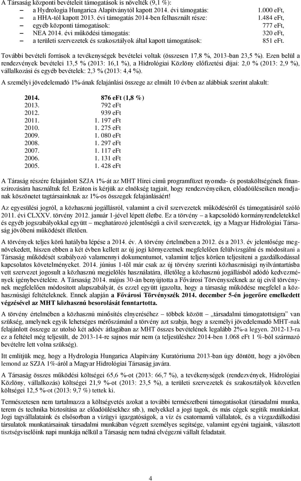 évi működési támogatás: 320 eft, a területi szervezetek és szakosztályok által kapott támogatások: 851 eft.