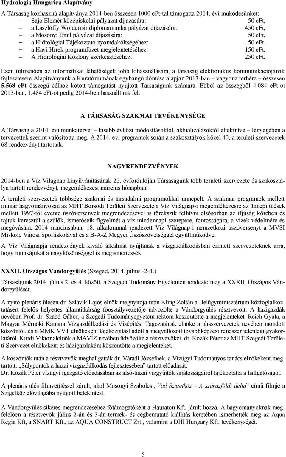 Tájékoztató nyomdaköltségéhez: 50 eft, a Havi Hírek programfüzet megjelentetéséhez: 150 eft, A Hidrológiai Közlöny szerkesztéséhez: 250 eft.