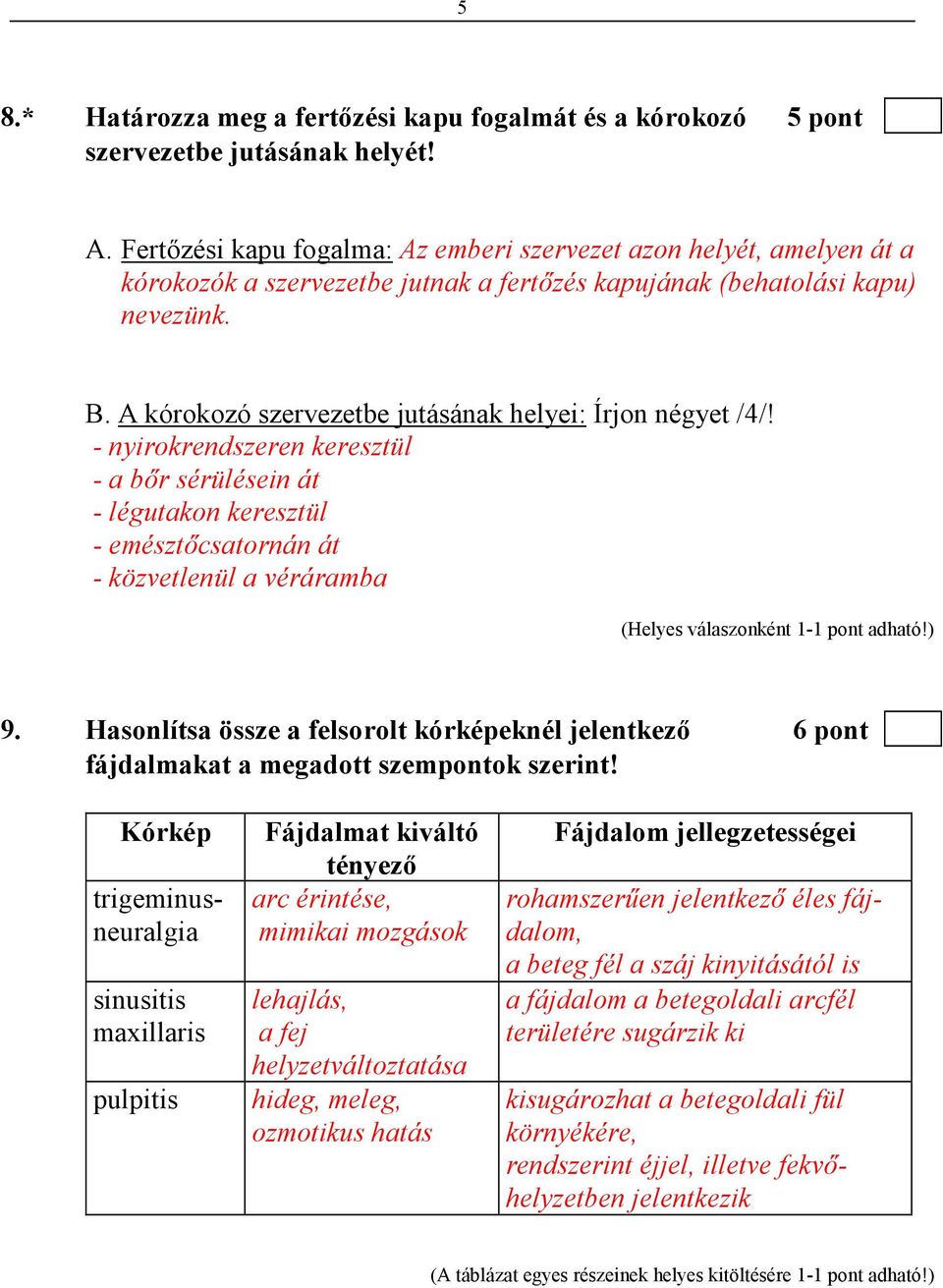 A kórokozó szervezetbe jutásának helyei: Írjon négyet /4/! - nyirokrendszeren keresztül - a bır sérülésein át - légutakon keresztül - emésztıcsatornán át - közvetlenül a véráramba 9.