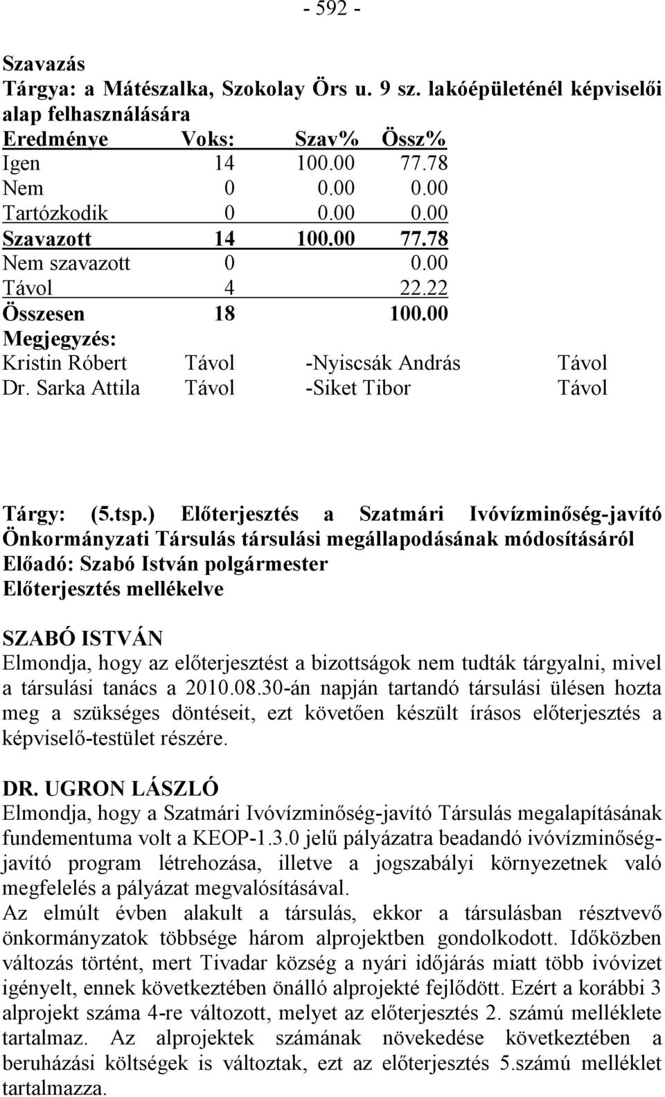 ) Előterjesztés a Szatmári Ivóvízminőség-javító Önkormányzati Társulás társulási megállapodásának módosításáról Előadó: Szabó István polgármester Előterjesztés mellékelve SZABÓ ISTVÁN Elmondja, hogy