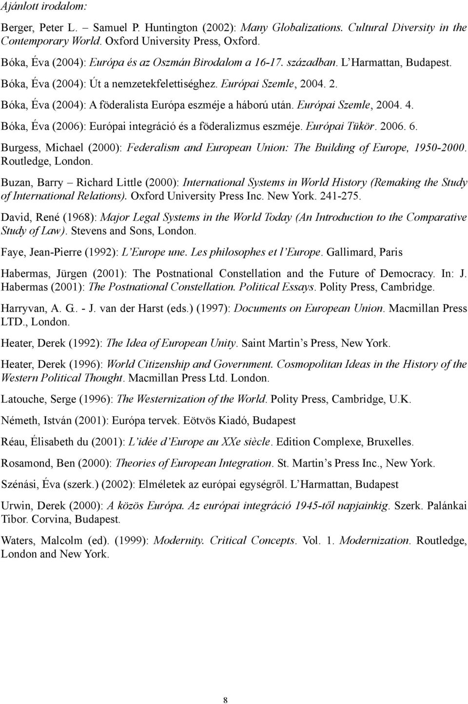 04. 2. Bóka, Éva (2004): A föderalista Európa eszméje a háború után. Európai Szemle, 2004. 4. Bóka, Éva (2006): Európai integráció és a föderalizmus eszméje. Európai Tükör. 2006. 6.