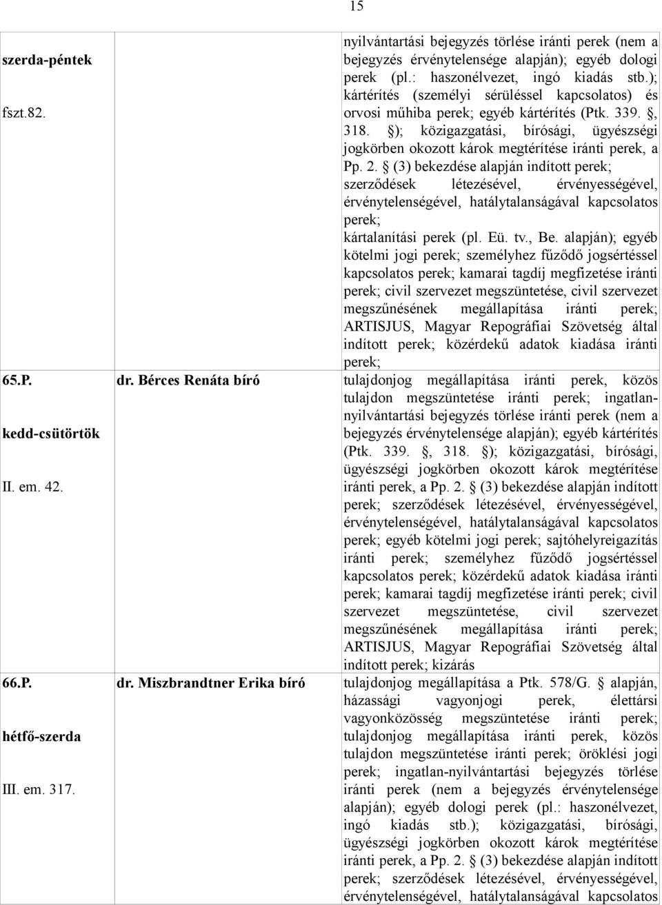 ); kártérítés (személyi sérüléssel kapcsolatos) és orvosi műhiba egyéb kártérítés (Ptk. 339., 318. ); közigazgatási, bírósági, ügyészségi jogkörben okozott károk megtérítése iránti perek, a Pp. 2.