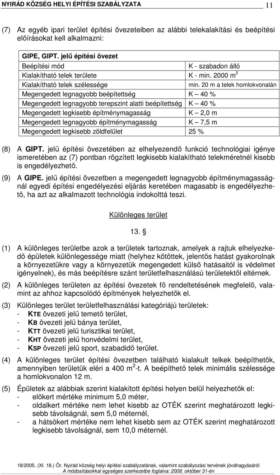 20 m a telek homlokvonalán Megengedett legnagyobb beépítettség K 40 % Megengedett legnagyobb terepszint alatti beépítettség K 40 % Megengedett legkisebb építménymagasság K 2,0 m Megengedett