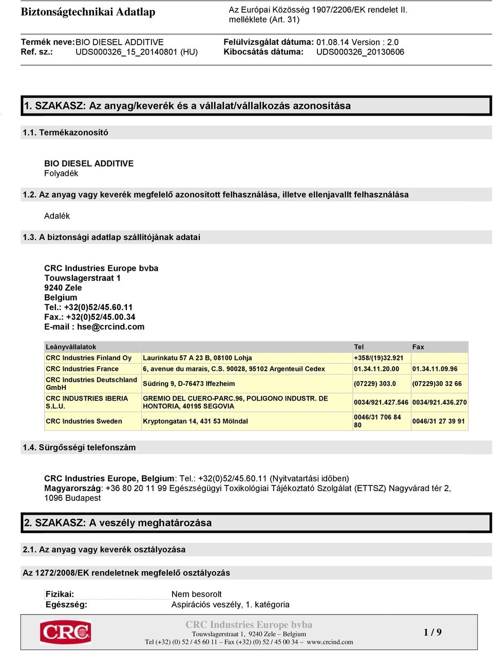 : +32(0)52/45.60.11 Fax.: +32(0)52/45.00.34 E-mail : hse@crcind.com Leányvállalatok Tel Fax CRC Industries Finland Oy Laurinkatu 57 A 23 B, 08100 Lohja +358/(19)32.