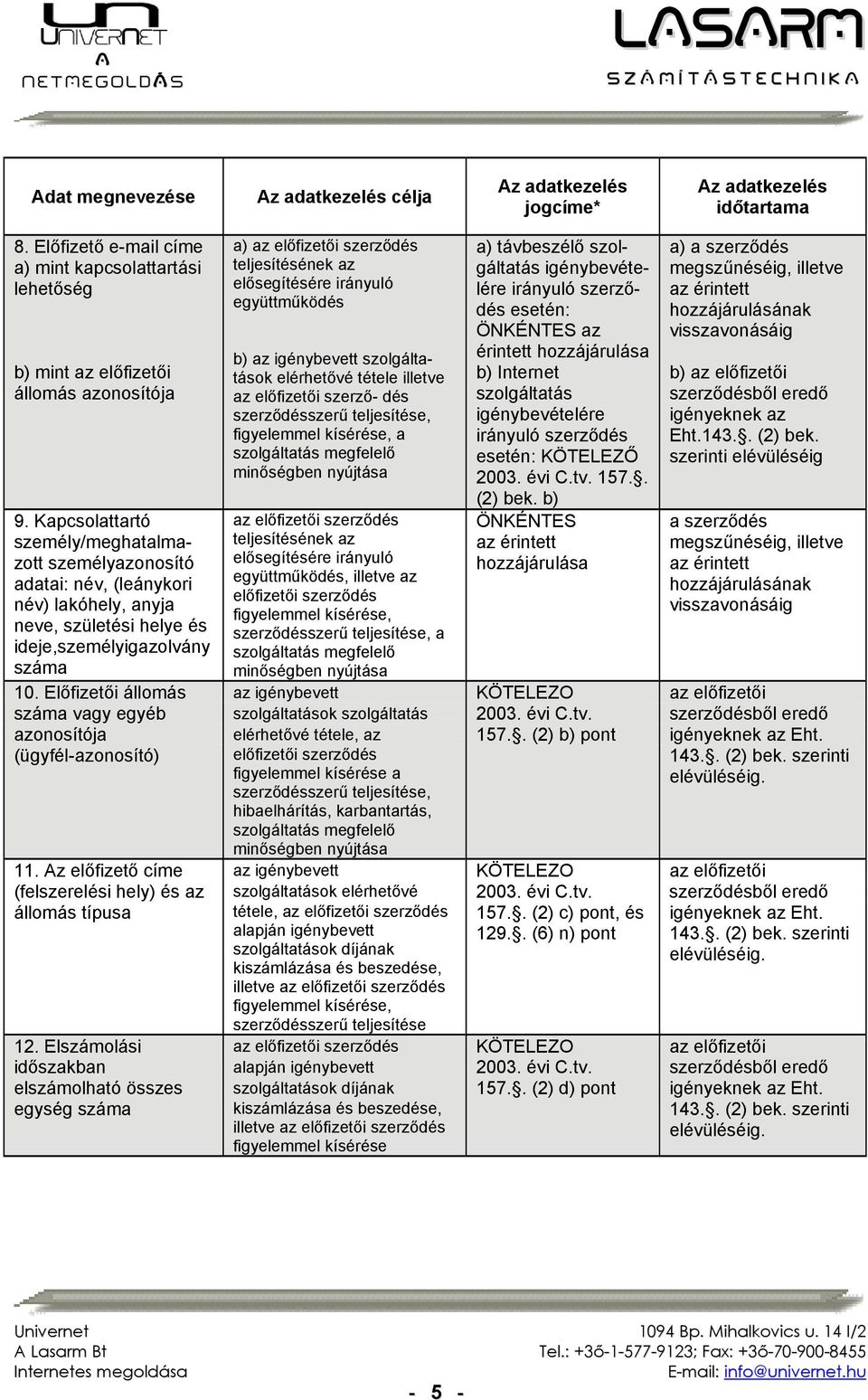 irányuló együttműködés b) az igénybevett szolgáltatások elérhetővé tétele illetve az előfizetői szerző- dés, a szolgáltatás megfelelő minőségben nyújtása az teljesítésének az elősegítésére irányuló