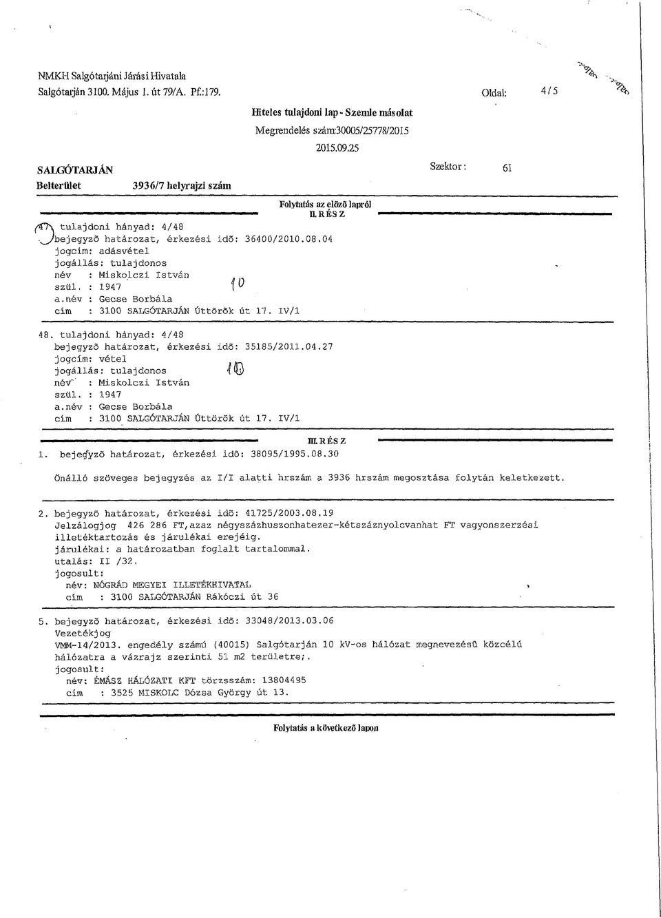 04 jogcím: adásvétel név : Miskolczi István szül. : 947 f a.név : Gecse Borbála cím : 300 SALGÓTARJÁN Úttörők út 7. IV/ 48. tulajdoni hányad: 4/48 bejegyző határozat, érkezési idő: 3585/20.04.27 4 >íj) név' : Miskolczi István szül.