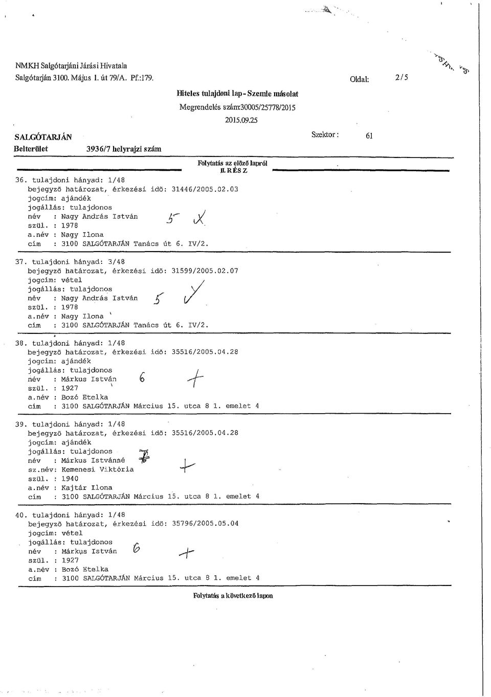 03 jogcím: ajándék név : Nagy András István y szül. : 978 - a.név : Nagy Ilona cím : 30Ö SALGÓTARJÁN Tanács út 6. IV/2. 37. tulajdoni hányad: 3/48 bejegyző határozat, érkezési idő: 3599/2005.02.