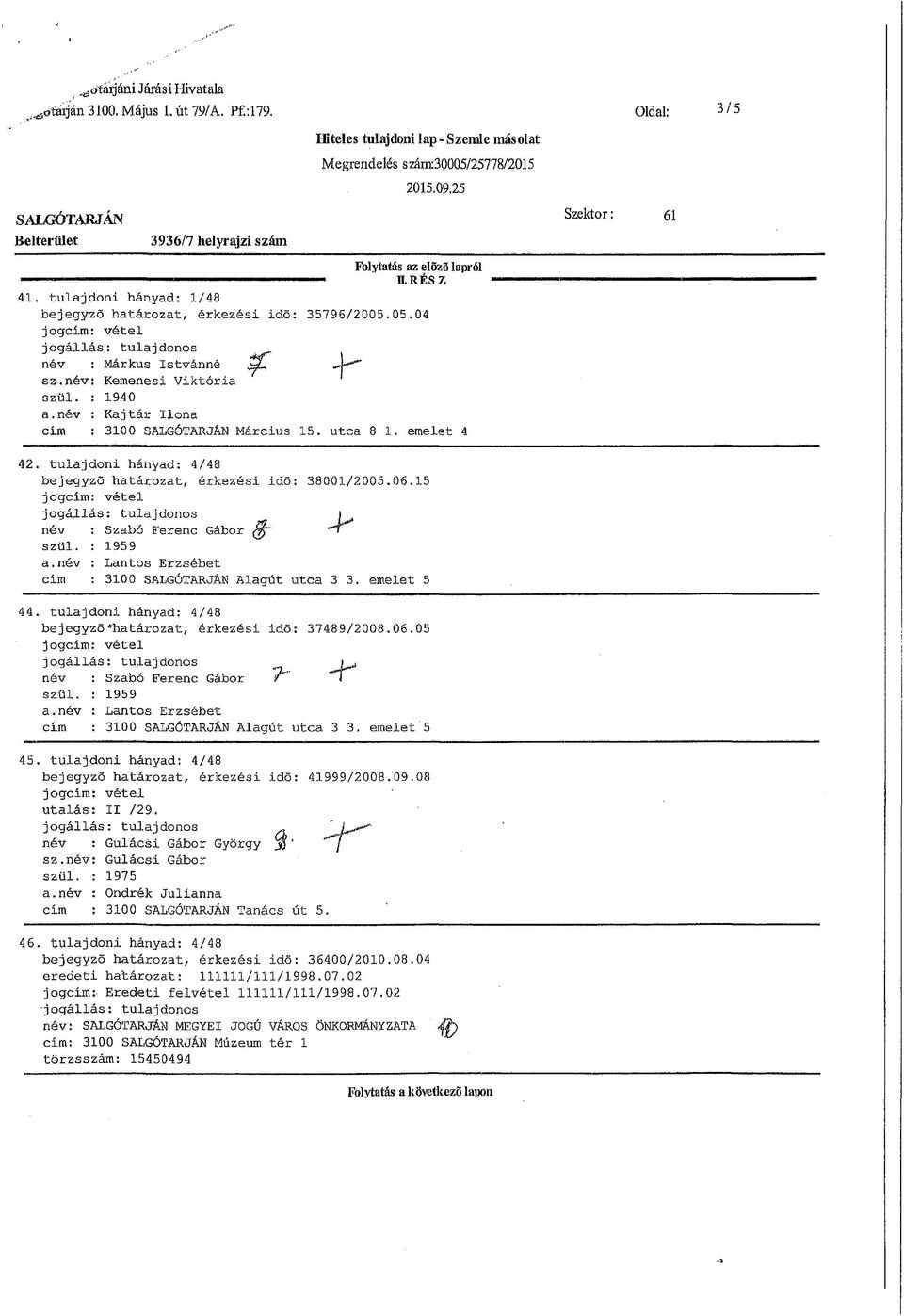 név: Kemenesi Viktória szül. : 940 a.név : Kajtár Ilona cim : 300 SALGÓTARJÁN Március 5. utca 8. emelet 4 Szektor: 6 42. tulajdoni hányad: 4/48 bejegyző határozat, érkezési idő: 3800/2005.06.