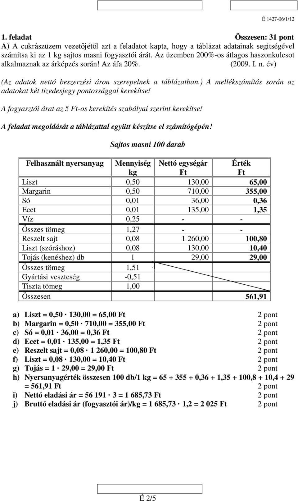 ) A mellékszámítás során az adatokat két tizedesjegy pontossággal kerekítse! A fogyasztói árat az 5 Ft-os kerekítés szabályai szerint kerekítse!