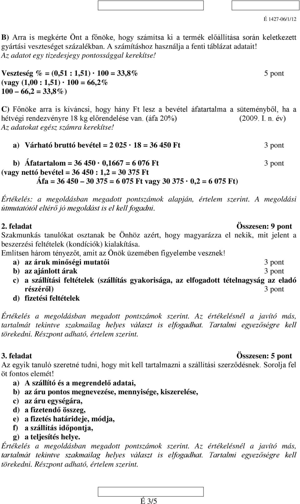 Veszteség % = (0,51 : 1,51) 100 = 33,8% (vagy (1,00 : 1,51) 100 = 66,2% 100 66,2 = 33,8%) 5 pont C) Főnöke arra is kíváncsi, hogy hány Ft lesz a bevétel áfatartalma a süteményből, ha a hétvégi