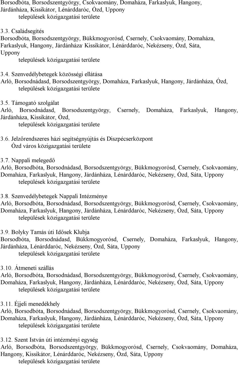 Szenvedélybetegek közösségi ellátása Arló, Borsodnádasd, Borsodszentgyörgy, Domaháza, Farkaslyuk, Hangony, Járdánháza, Ózd, 3.5.