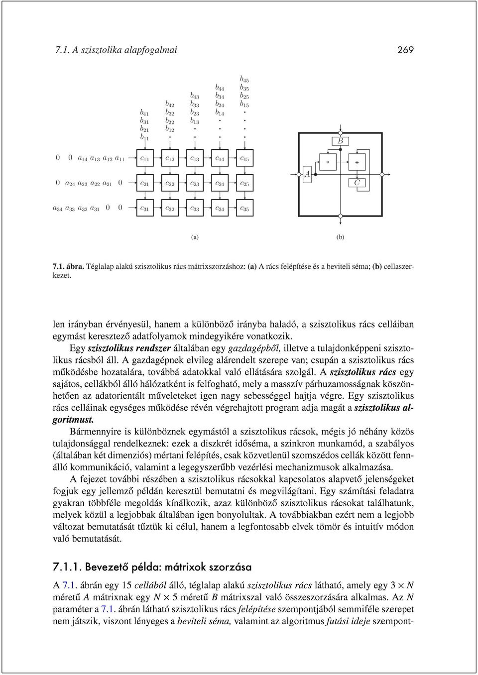 Téglalap alakú szisztolikus rács mátrixszorzáshoz: (a) A rács felépítése és a beviteli séma; (b) cellaszerkezet.