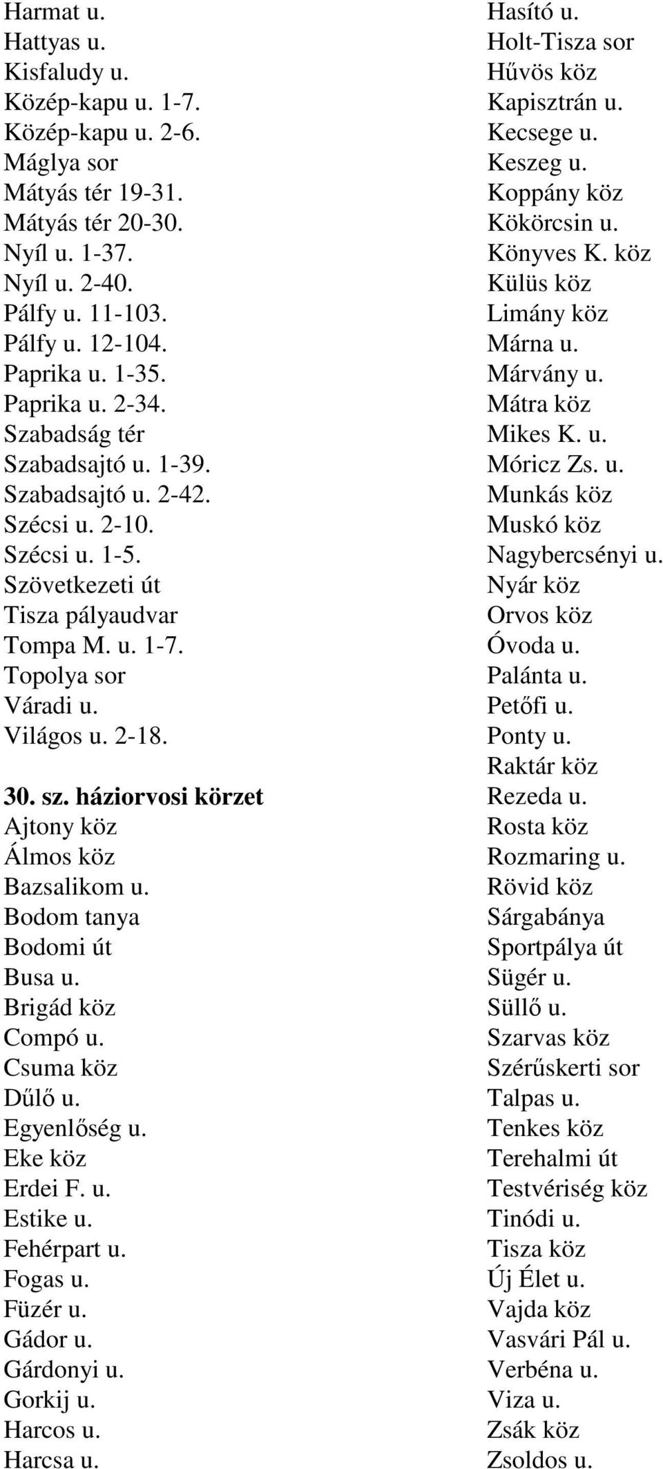 háziorvosi körzet Ajtony köz Álmos köz Bazsalikom u. Bodom tanya Bodomi út Busa u. Brigád köz Compó u. Csuma köz Dőlı u. Egyenlıség u. Eke köz Erdei F. u. Estike u. Fehérpart u. Fogas u. Füzér u.