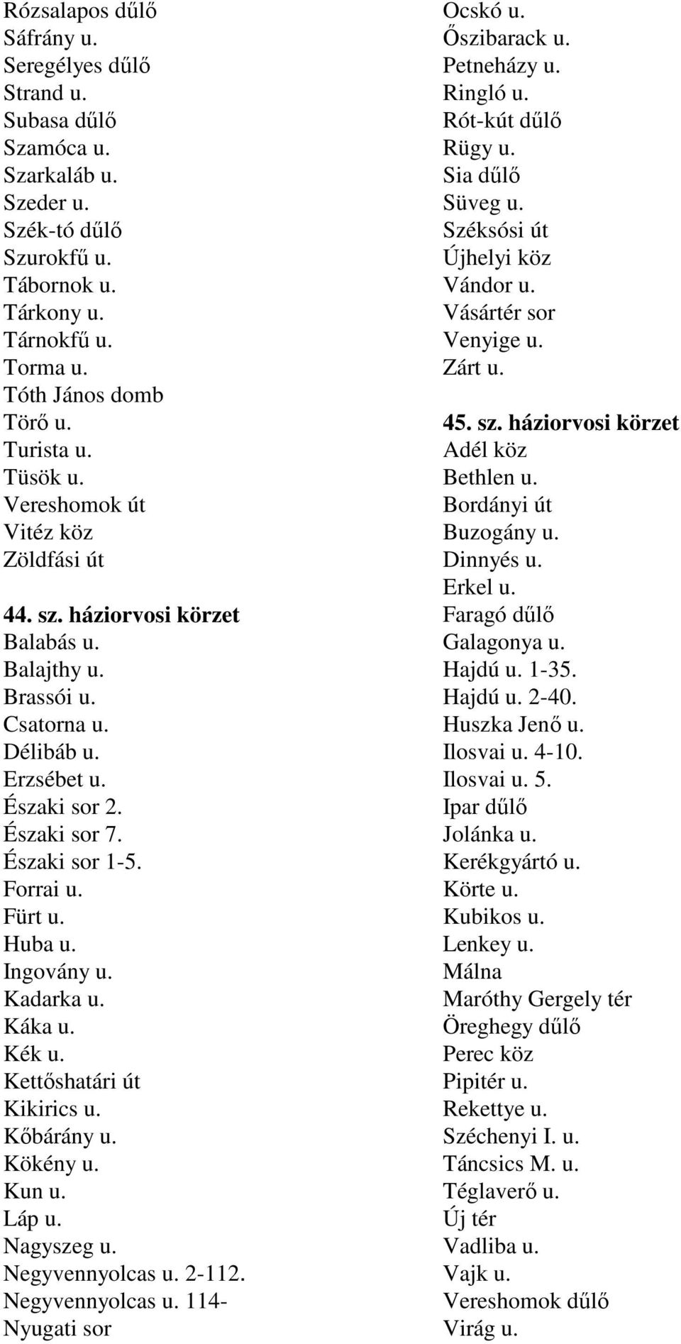 Forrai u. Fürt u. Huba u. Ingovány u. Kadarka u. Káka u. Kék u. Kettıshatári út Kikirics u. Kıbárány u. Kökény u. Kun u. Láp u. Nagyszeg u. Negyvennyolcas u. 2-112. Negyvennyolcas u. 114- Nyugati sor Ocskó u.