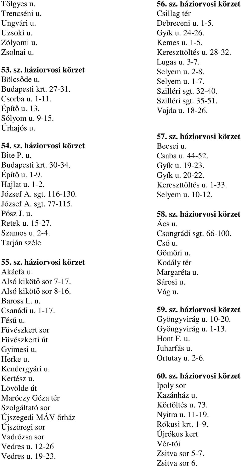 Alsó kikötı sor 7-17. Alsó kikötı sor 8-16. Baross L. u. Csanádi u. 1-17. Féső u. Füvészkert sor Füvészkerti út Gyimesi u. Herke u. Kendergyári u. Kertész u.