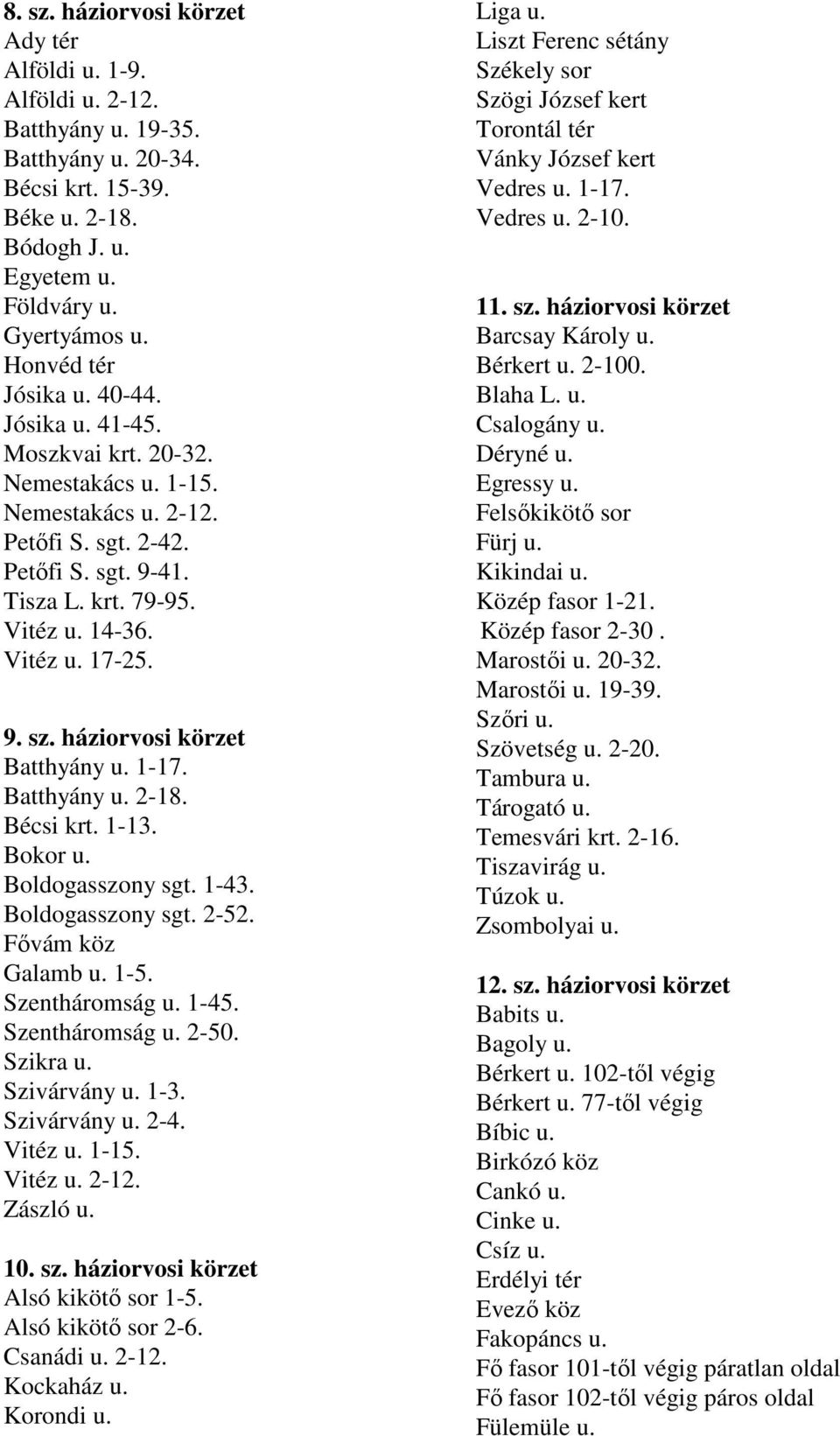 9. sz. háziorvosi körzet Batthyány u. 1-17. Batthyány u. 2-18. Bécsi krt. 1-13. Bokor u. Boldogasszony sgt. 1-43. Boldogasszony sgt. 2-52. Fıvám köz Galamb u. 1-5. Szentháromság u. 1-45.