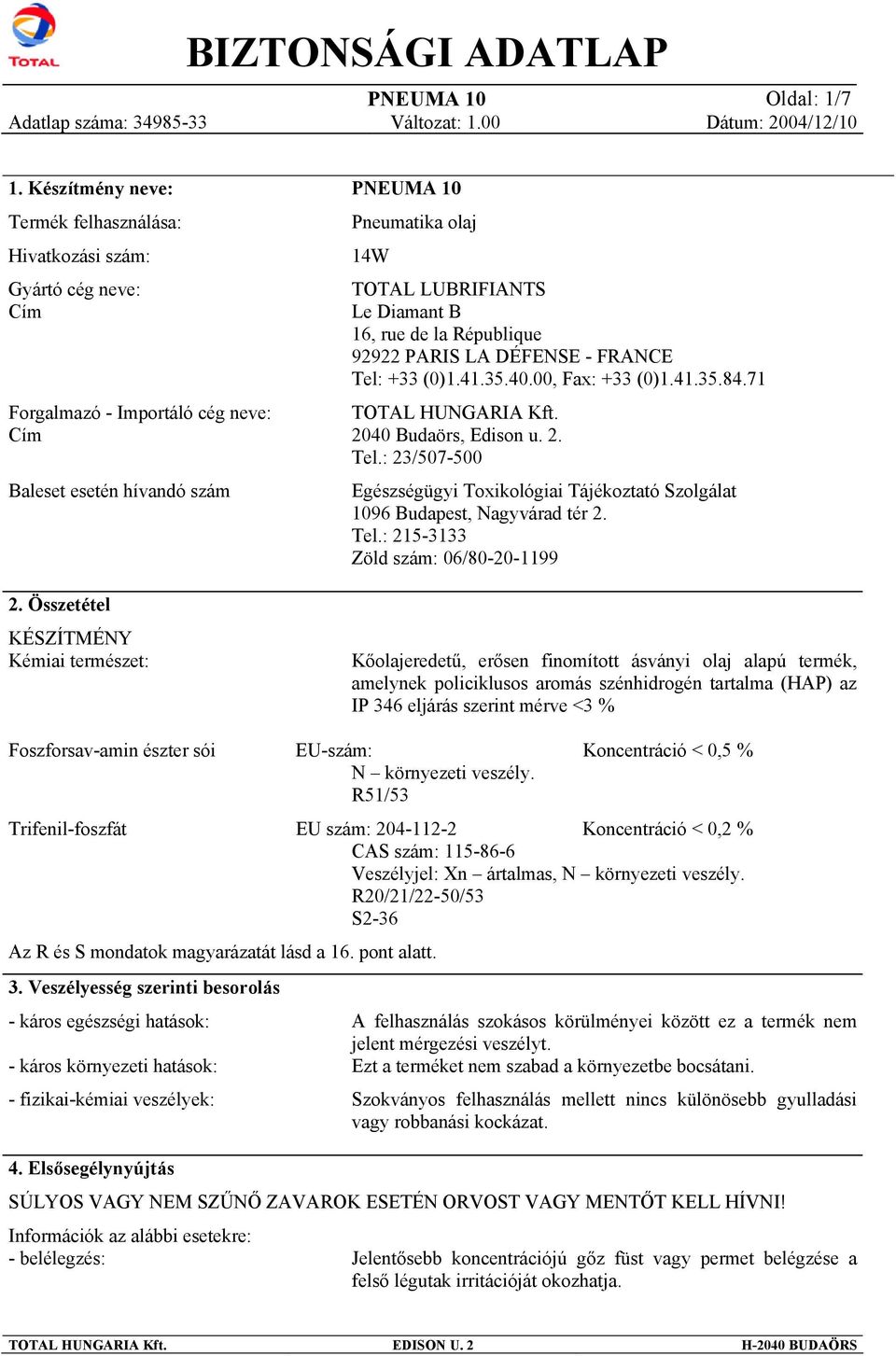 Diamant B 16, rue de la République 92922 PARIS LA DÉFENSE - FRANCE Tel: +33 (0)1.41.35.40.00, Fax: +33 (0)1.41.35.84.71 TOTAL HUNGARIA Kft. 2040 Budaörs, Edison u. 2. Tel.: 23/507-500 Egészségügyi Toxikológiai Tájékoztató Szolgálat 1096 Budapest, Nagyvárad tér 2.