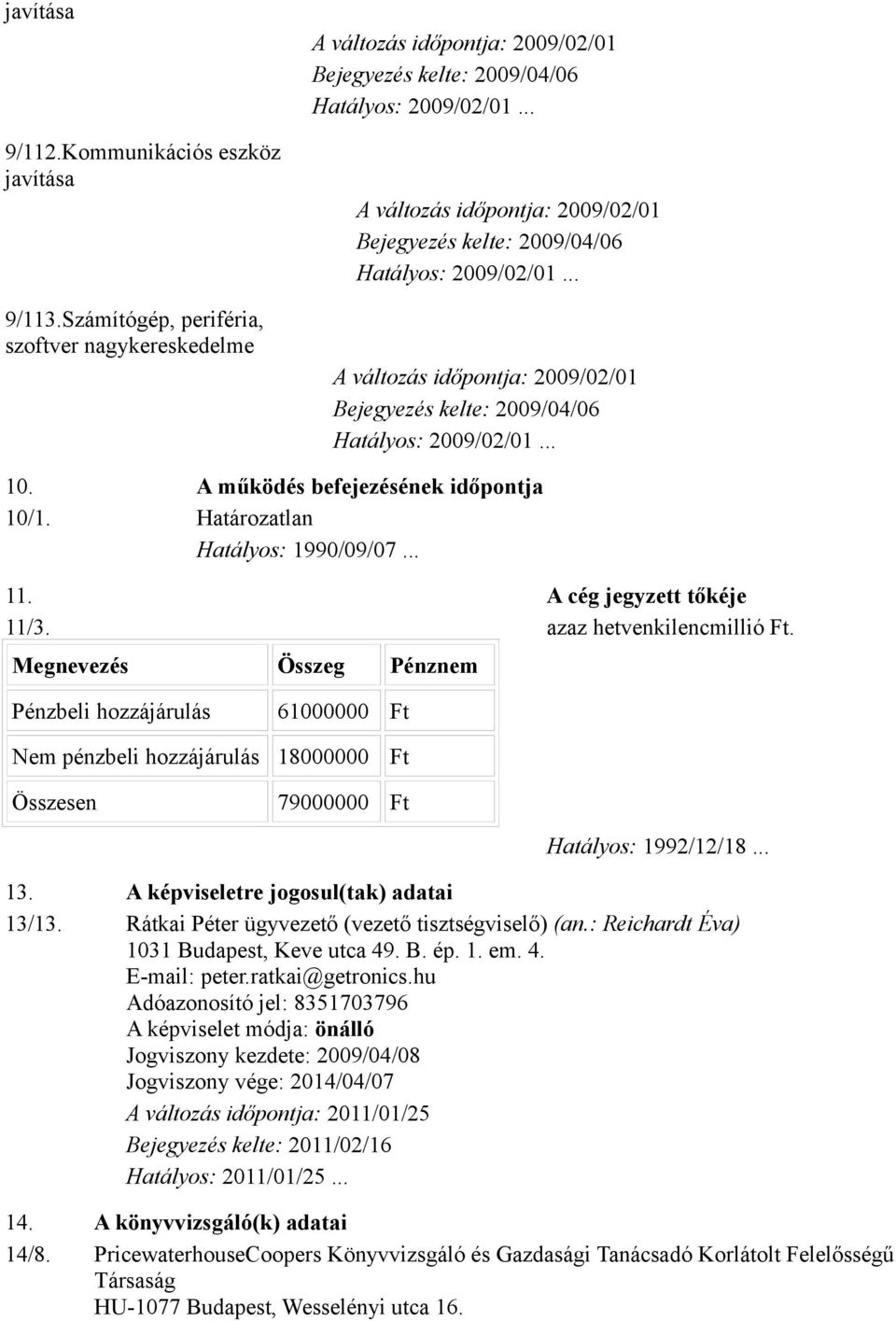 A képviseletre jogosul(tak) adatai 13/13. Rátkai Péter ügyvezető (vezető tisztségviselő) (an.: Reichardt Éva) 1031 Budapest, Keve utca 49. B. ép. 1. em. 4. E-mail: peter.ratkai@getronics.