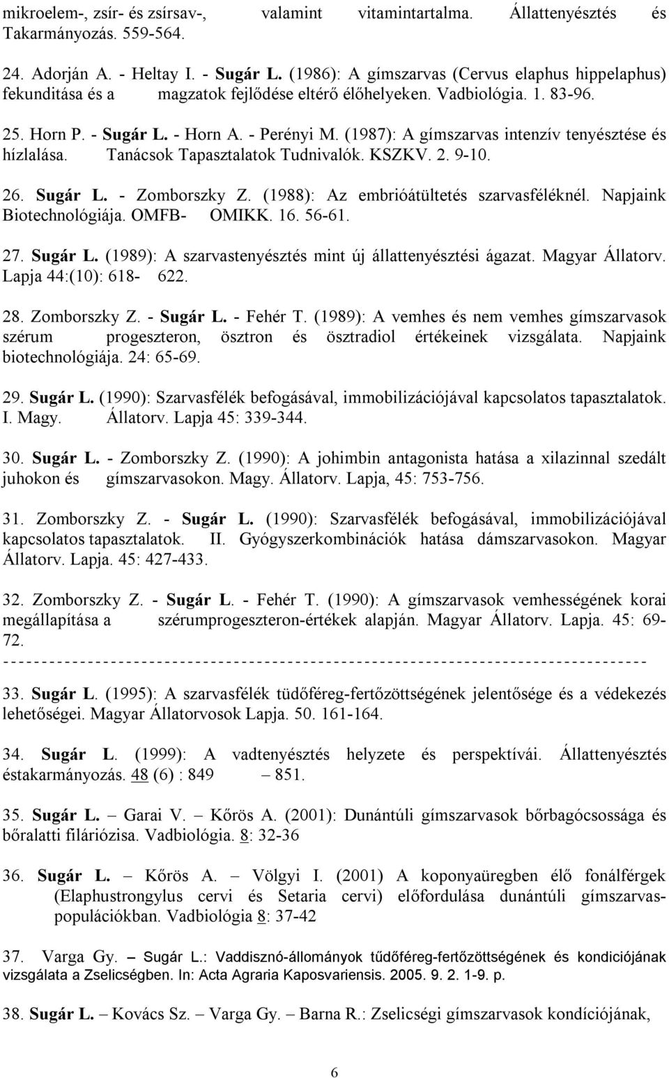 (1987): A gímszarvas intenzív tenyésztése és hízlalása. Tanácsok Tapasztalatok Tudnivalók. KSZKV. 2. 9-10. 26. Sugár L. - Zomborszky Z. (1988): Az embrióátültetés szarvasféléknél.