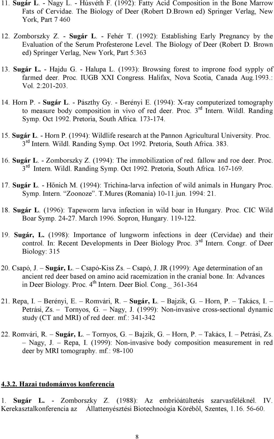 Sugár L. - Hajdu G. - Halupa L. (1993): Browsing forest to improne food sypply of farmed deer. Proc. IUGB XXI Congress. Halifax, Nova Scotia, Canada Aug.1993.: Vol. 2:201-203. 14. Horn P. - Sugár L.
