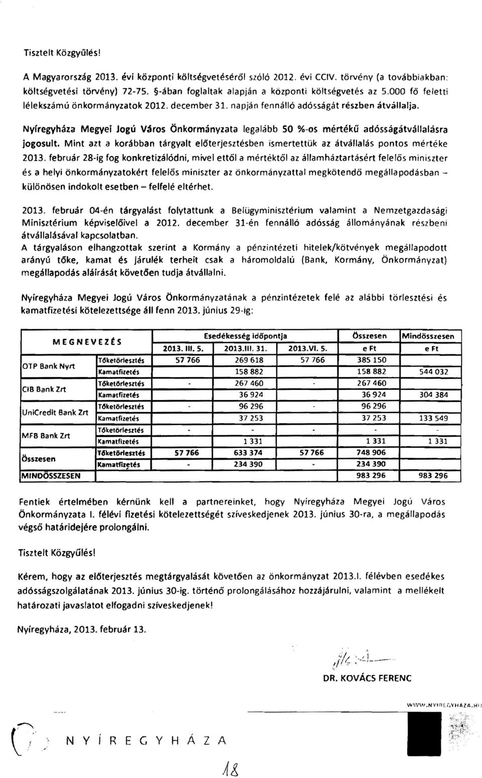 feletti Nyfregyháza Megyei Jogú Város Önkormányzata legalább SO %-os mértékű adósságátvállalásra jogosult. Mint azt a korábban tárgyalt eléíterjesztésben ismertettük az átvállalás pontos mértéke 2013.