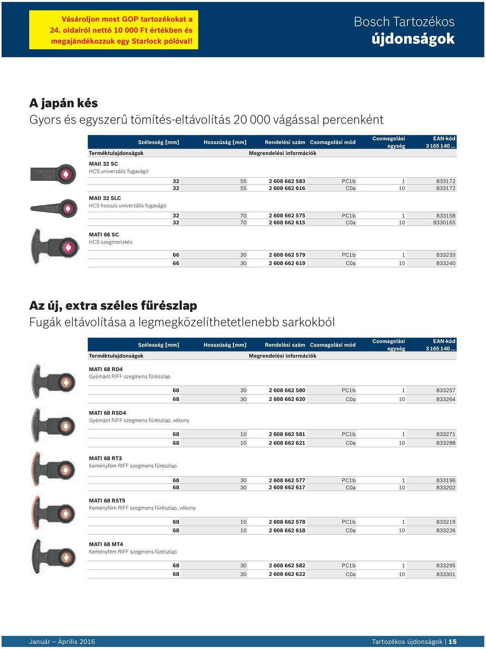Csomagolási egység EAN-kód 3 165 140 MAII 32 SC HCS univerzális fugavágó 32 55 2 608 662 583 PC1b 1 833172 32 55 2 608 662 616 C0a 10 833172 MAII 32 SLC HCS hosszú univerzális fugavágó 32 70 2 608