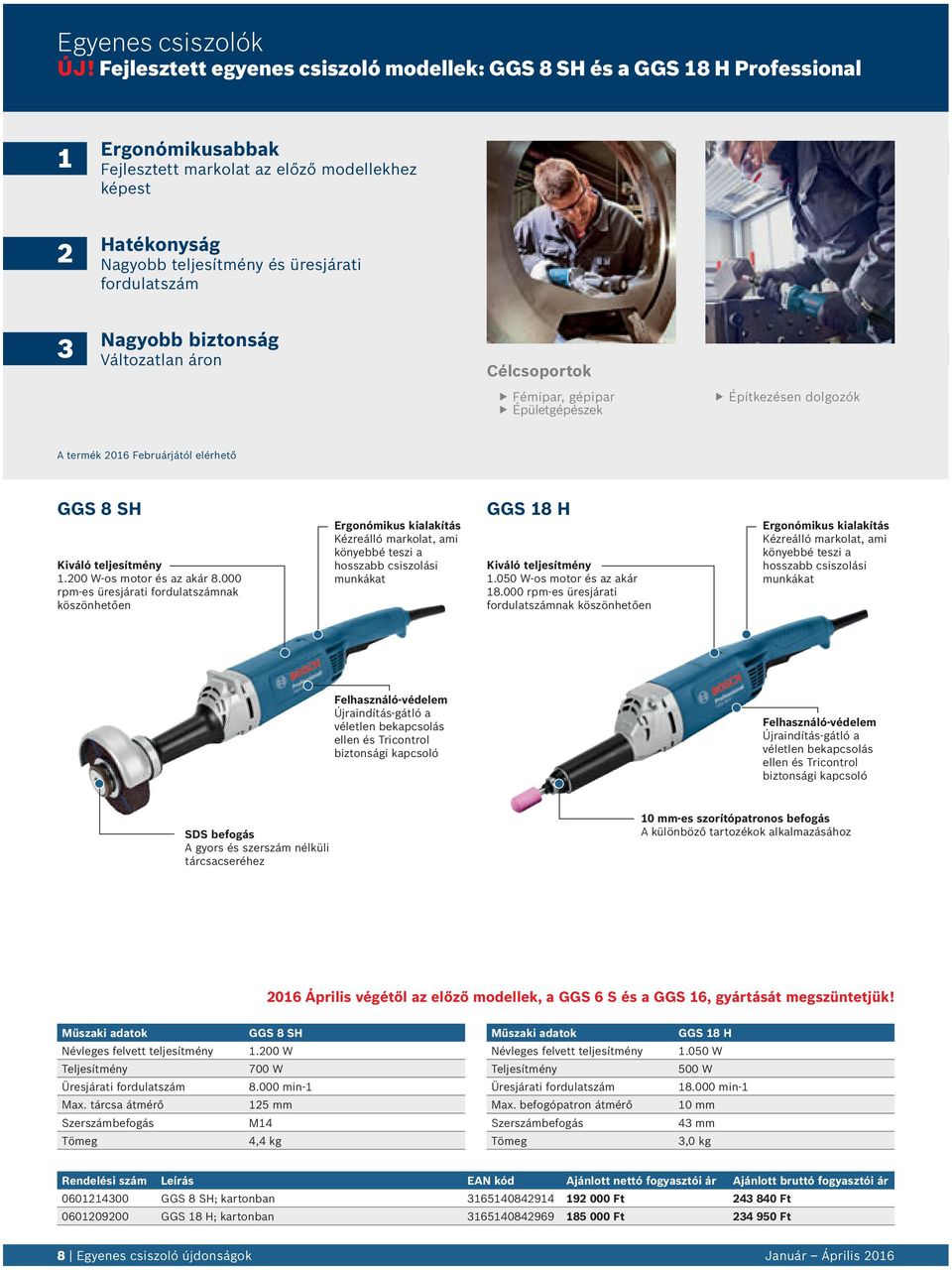 fordulatszám 3 Nagyobb biztonság Változatlan áron Célcsoportok Fémipar, gépipar Épületgépészek Építkezésen dolgozók A termék 2016 Februárjától elérhető GGS 8 SH Kiváló teljesítmény 1.