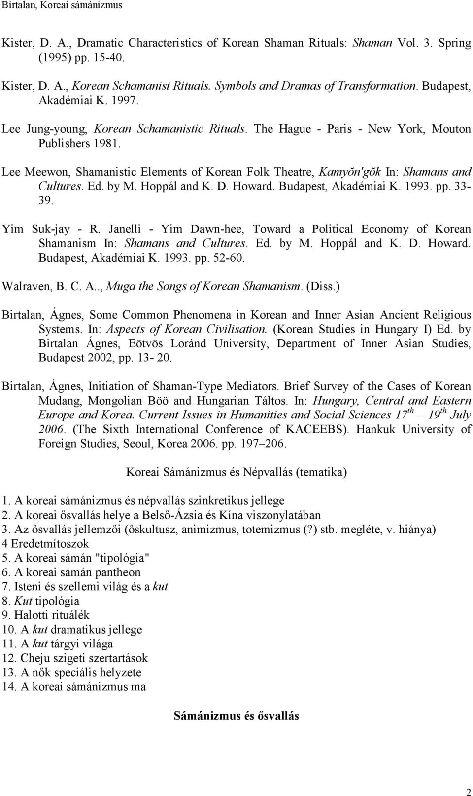 Lee Meewon, Shamanistic Elements of Korean Folk Theatre, Kamyŏn'gŏk In: Shamans and Cultures. Ed. by M. Hoppál and K. D. Howard. Budapest, Akadémiai K. 1993. pp. 33-39. Yim Suk-jay - R.