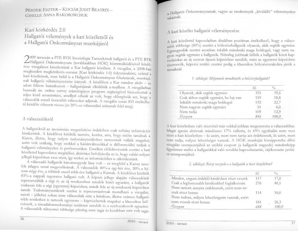 közreműködésével kérdóíves vizsgálatot készítettünk a Kar hallgatói körében. A vizsgálat, a 2008-ban megkezdett megkérdezés-sorozat (Kari körkérdés 1.