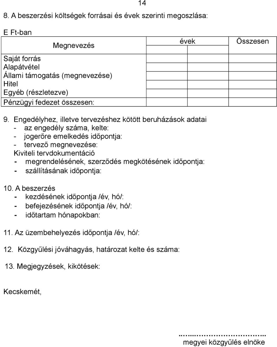 Engedélyhez, illetve tervezéshez kötött beruházások adatai - az engedély száma, kelte: - jogerőre emelkedés időpontja: - tervező megnevezése: Kiviteli tervdokumentáció -